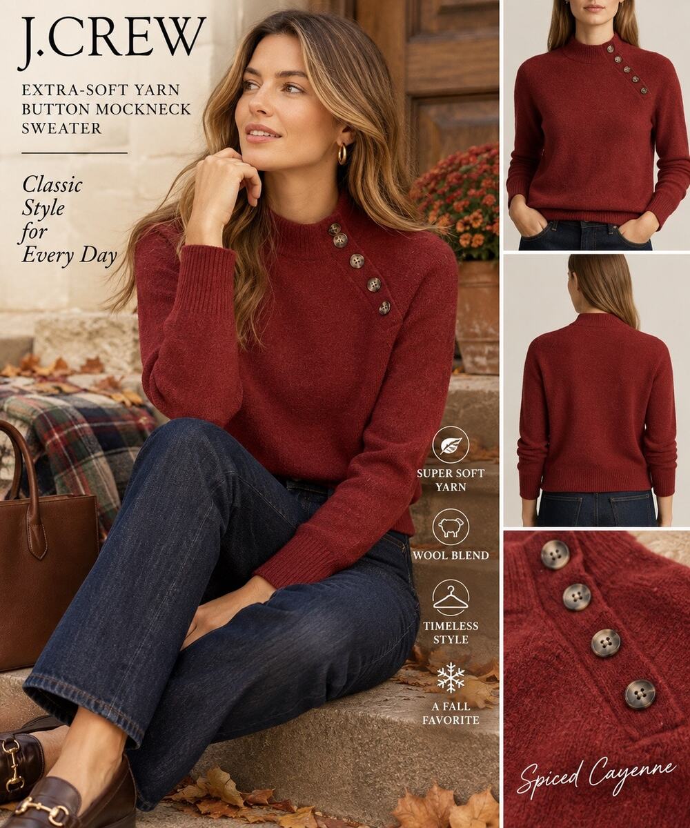 Heritage Preppy J.Crew Extra Soft Button Mockneck Sweater Brick Red Wool Blend